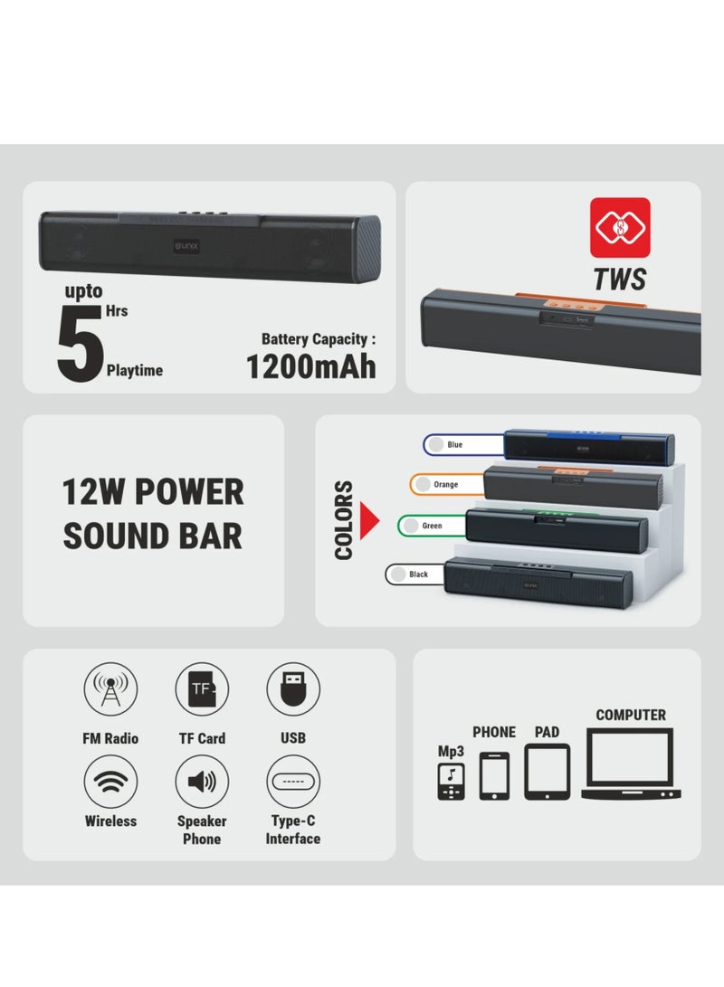 يونيكس شريط صوت لاسلكي يونكس TROS 12W | مكبر ستيريو مع اقتران TWS | دعم USB/TF/AUX/FM | صغير ومحمول | أخضر - Image 2